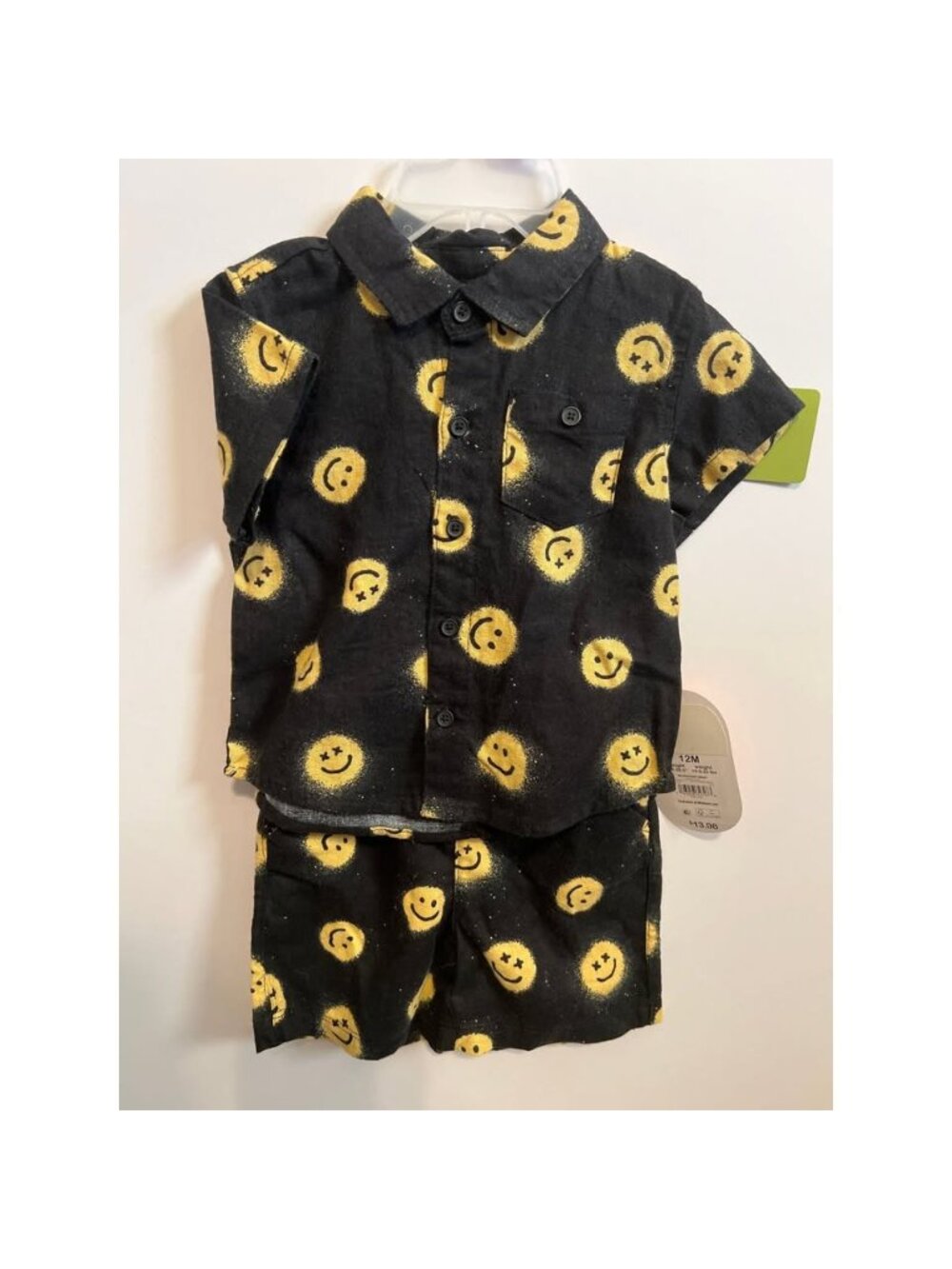 Smiley Face Baby Shirt & Shorts Set Black & Yellow 12M Cotton Blend Button-Down